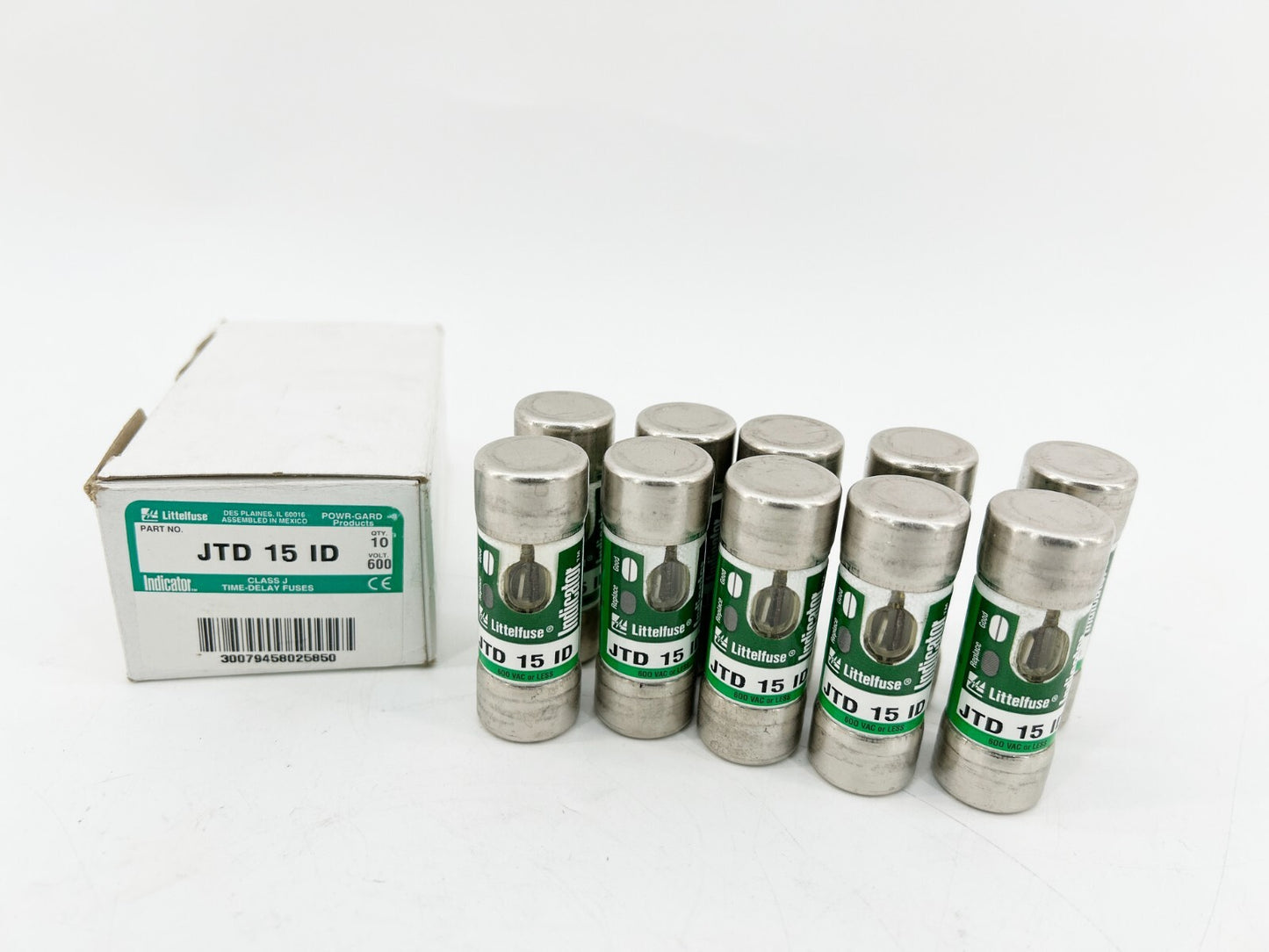 New Box of 10 Littelfuse JTD-15-ID Time Delay Indicator Fuses 15A 600V Class J