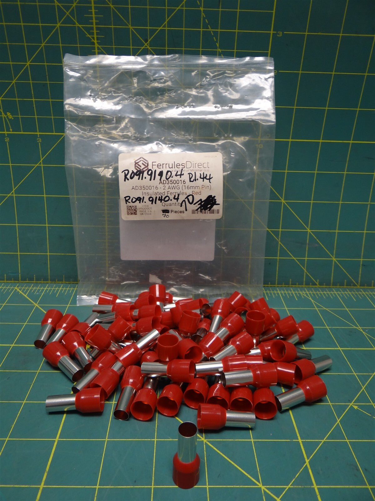 (Qty: 70) Ferrules Direct 2 AWG Single Insulated Wire Ferrules AD350016 16mm Pin