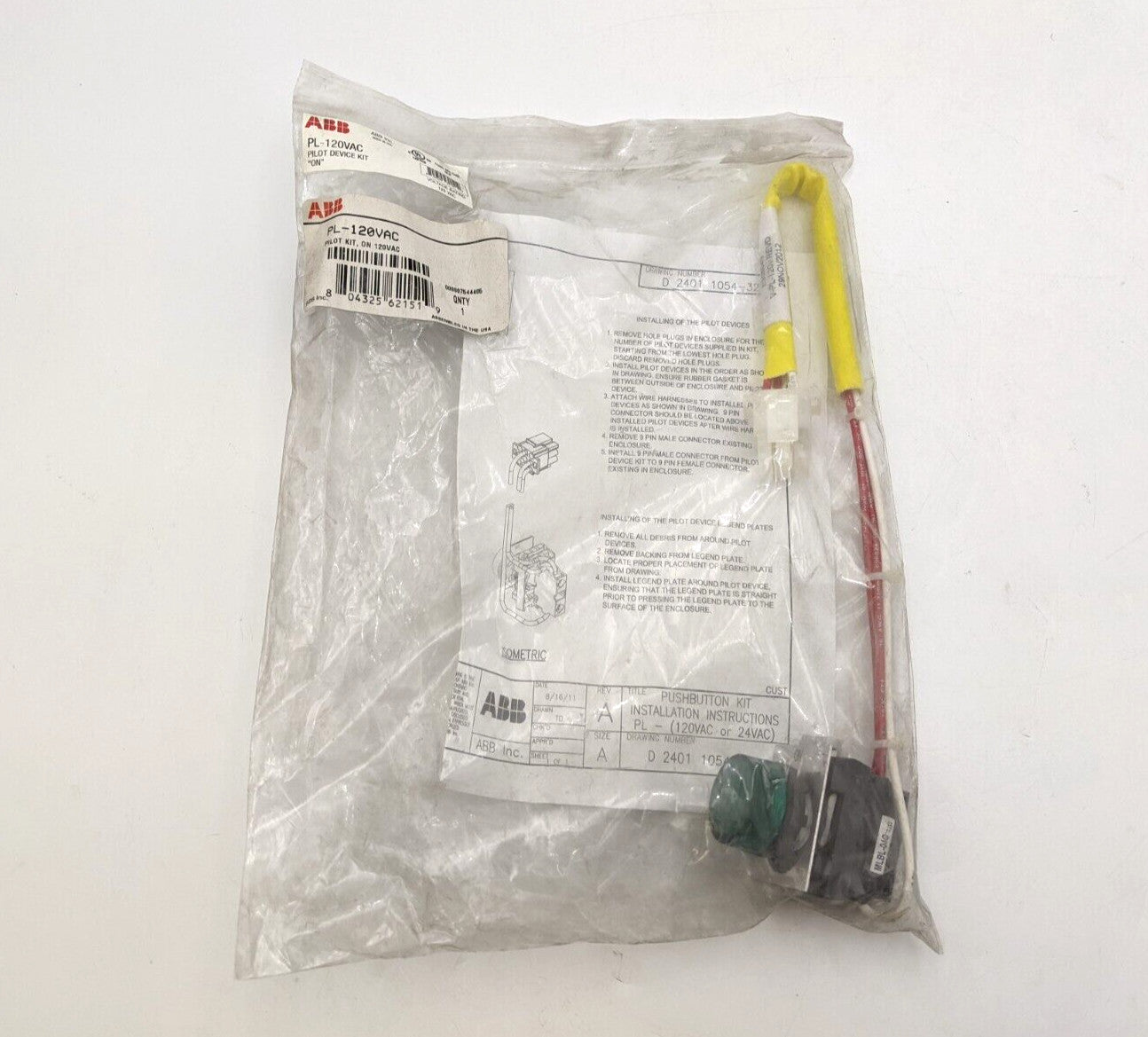 ABB PL-120VAC Pilot Device Kit Green Indicator Light Lamp ON 120V Control Panel