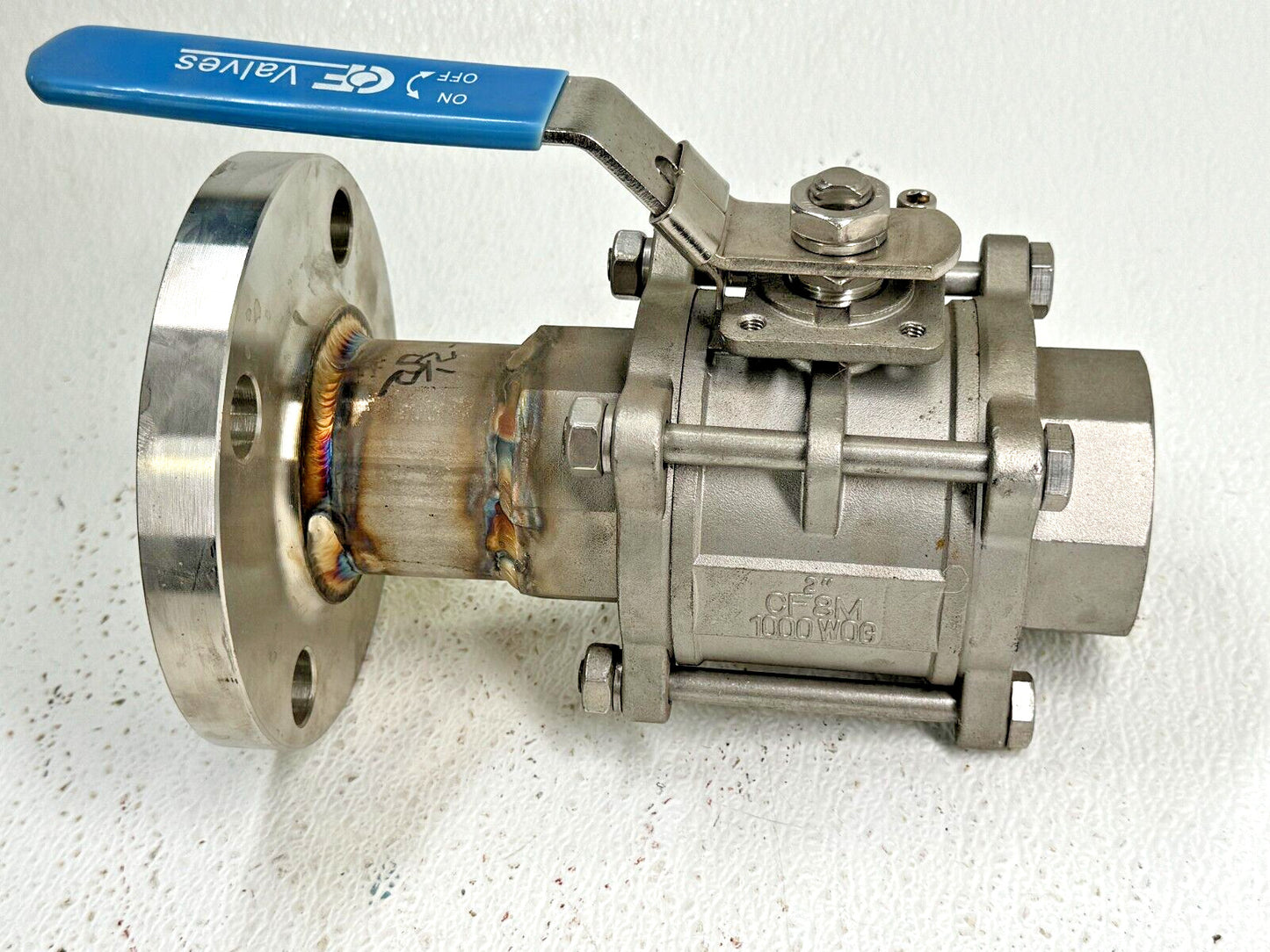 Stainless Steel Ball Valve 2" Class 150 Flange x 2" Socket Weld w/ Lever Op.