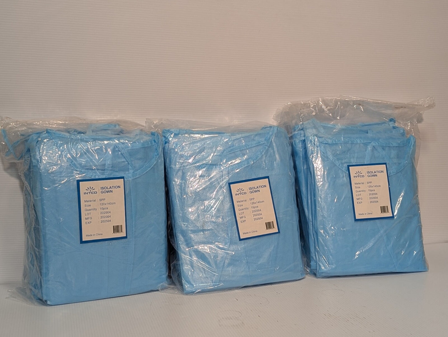 Lot of 30 INTCO SPP Isolation Gown 120x140cm, Blue, Original Packaging, as shown