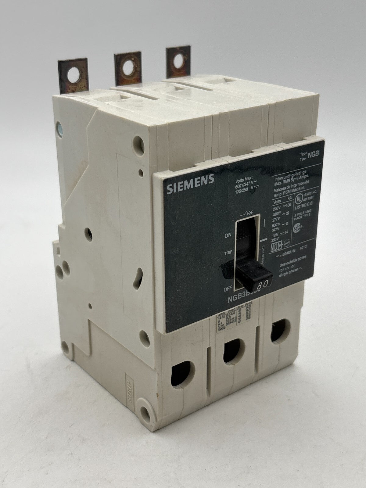 Siemens NGB3B080 Bolt-On Circuit Breaker 80A 480Y/277V 3P 3PH Type NGB 80 Amp