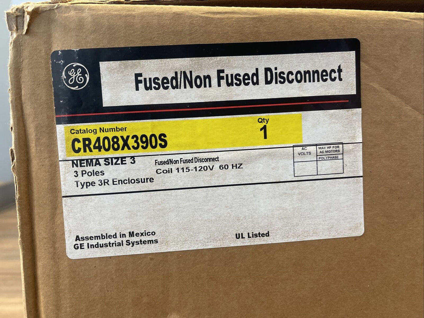 GE CR408X390S FUSED / NON FUSED DISCONNECT NEMA SIZE 3 TYPE 3R ENCLOSURE ONLY