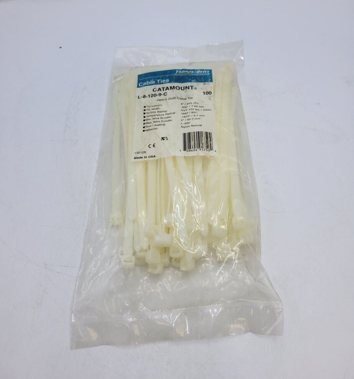100 Pieces Thomas & Betts Catamount L-8-120-9-C Heavy Duty Cable Tie 8" Length