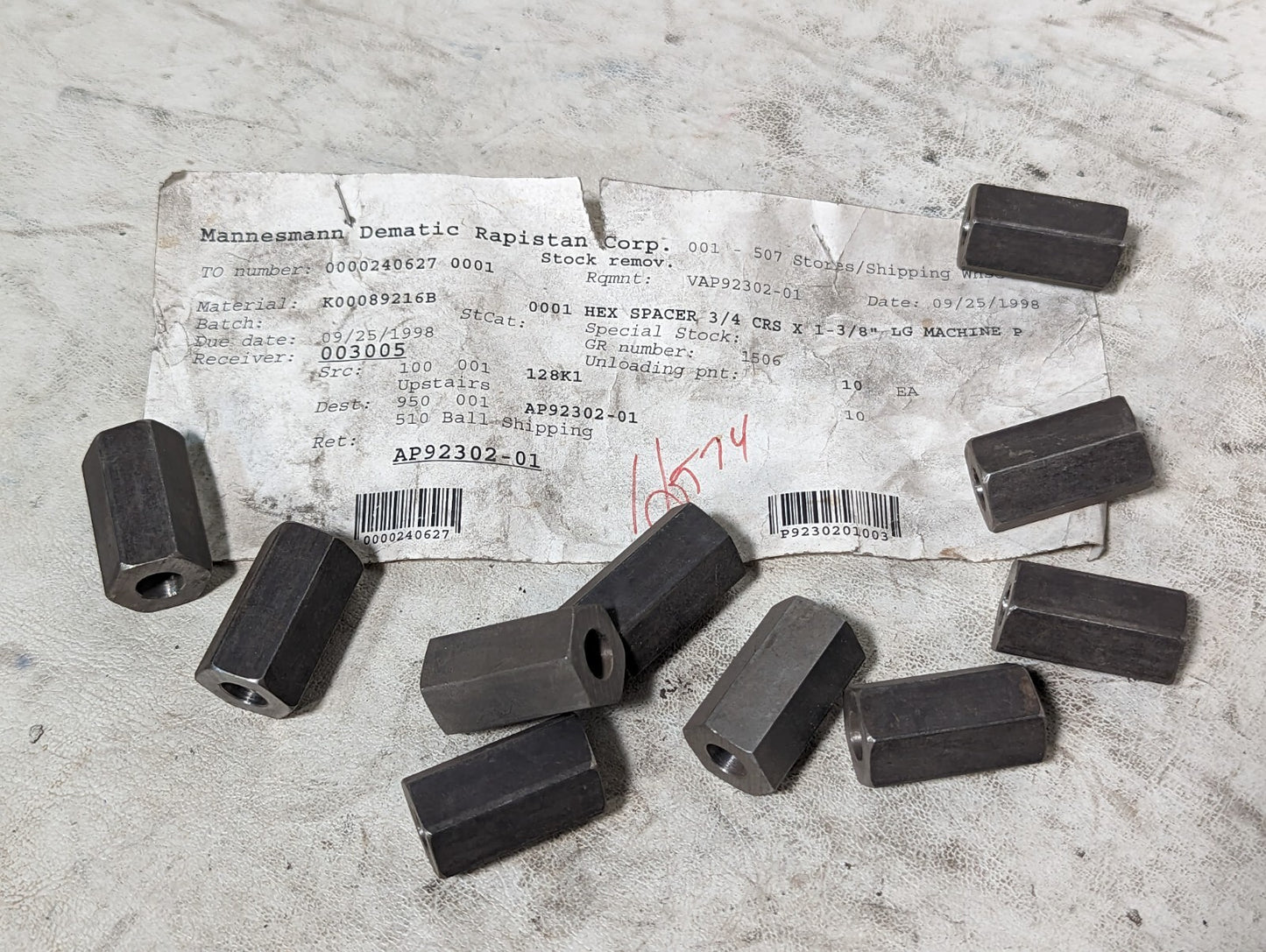 Lot of 10 hex spacers 3/4 CRS x 1-3/8" LG machine p