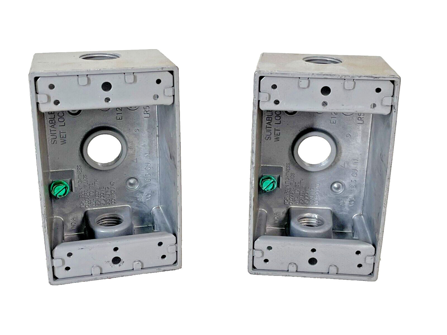 (2) Single Gang Conduit Outlet Boxes, Aluminum, Rain Tight, (3) 1/2" NPT Outlets