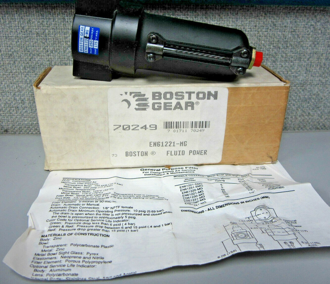 Boston Gear 70249, EN64241-MGG Pneumatic Pressure Regulator/ Filter "NEW"