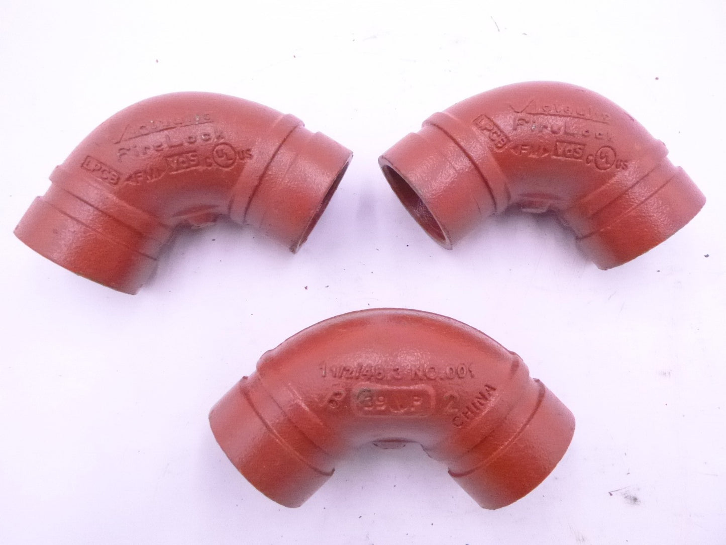 3 Pack Victaulic 1-1/2" 90° No. 001 Ductile Iron Grooved Firelock Elbow
