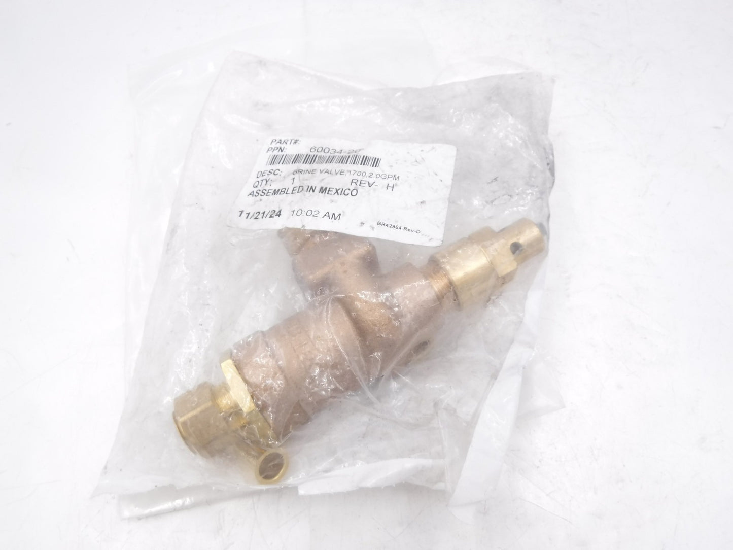 Fleck 1/2" 2.0GPM Commercial Brine Valve Assembly 60034-20 For 2750 2850 2900