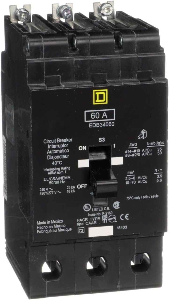 SQUARE D EDB34060 BREAKER BOLT IN 60AMP 3POLE 480Y/277VOLT AC NEW