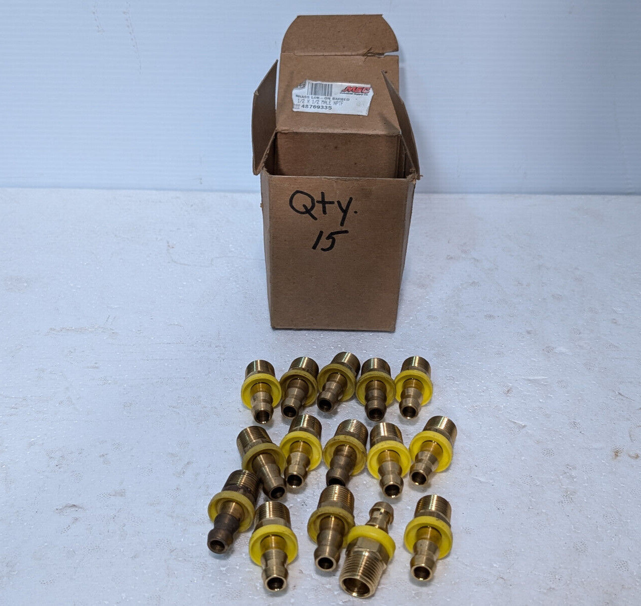 Lot of 15: Push-Loks, 1/2"x1/2" Male NPTF, Barbed, Brass in box as pictured
