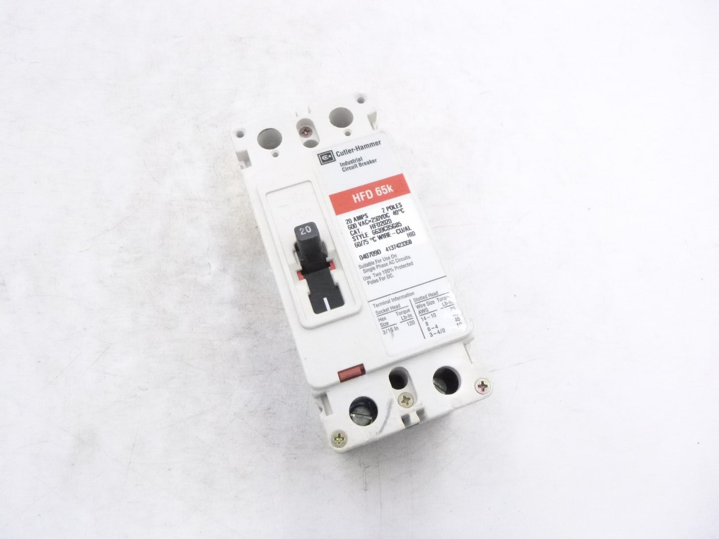 Eaton HFD2020 Molded Case Circuit Breaker 20A 2 Pole 600VAC 100kA @ 240VAC