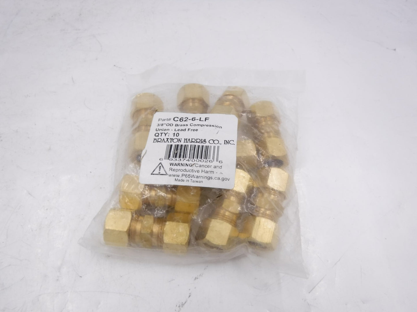 10 Pack Braxton Harris 3/8"OD Brass Lead Free Compression Unions C62-6-LF