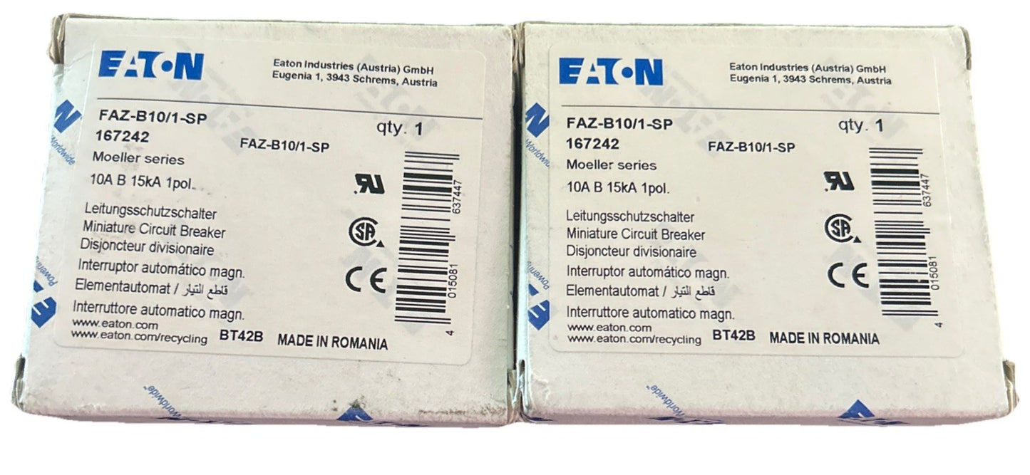 *QTY 2* Eaton FAZ-B10/1-SP Circuit Breaker, 230/400VAC; Inom: 10A; Poles: 1. C10