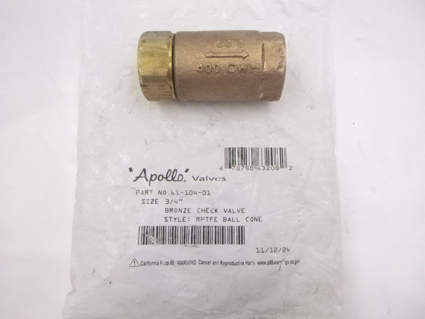 Apollo 3/4" Bronze Check Valve 61-104-01 Ball Cone 61-100 Series
