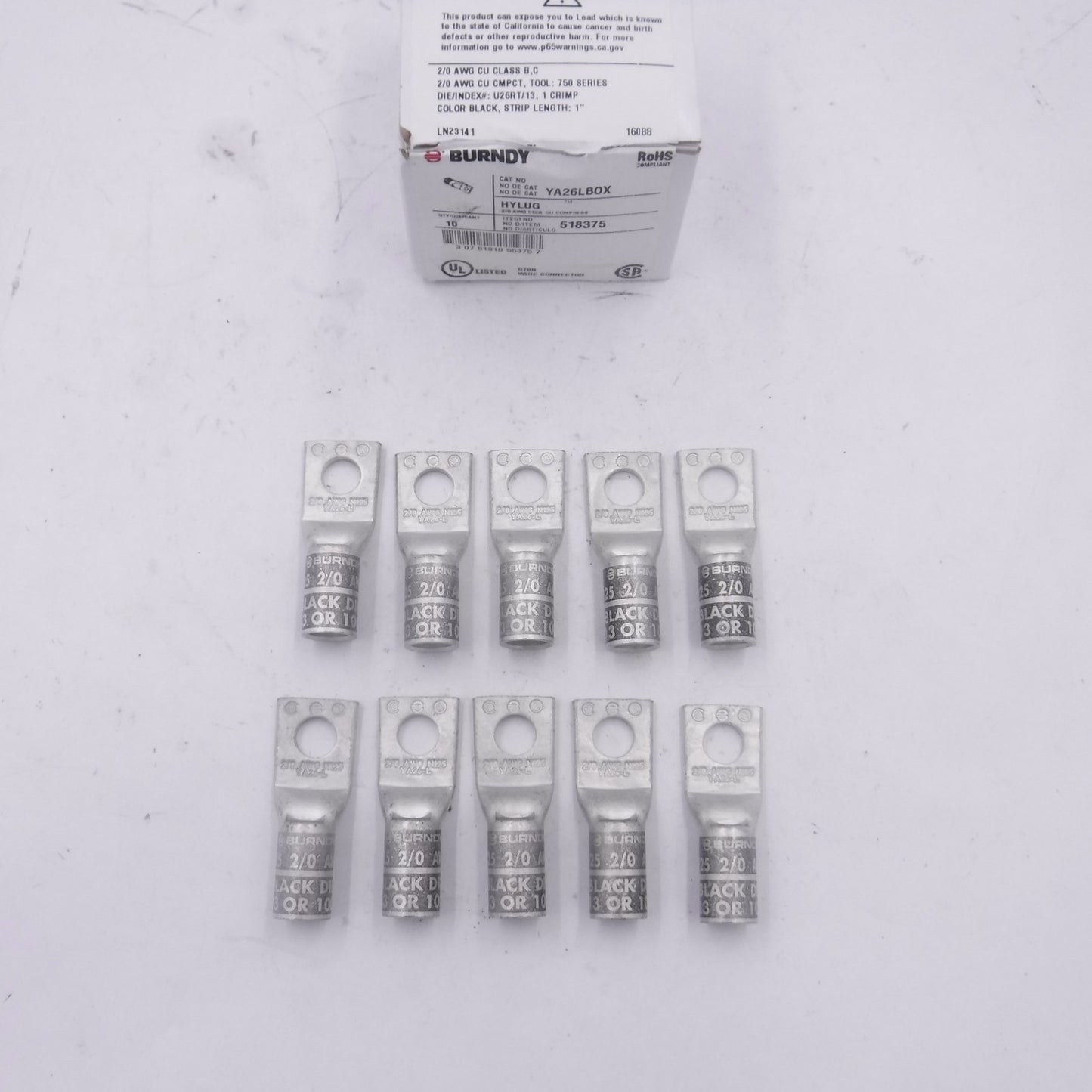 10 Pack Burndy YA26LBOX Compression Lugs 2/0 AWG 1 Hole 3/8" Stud