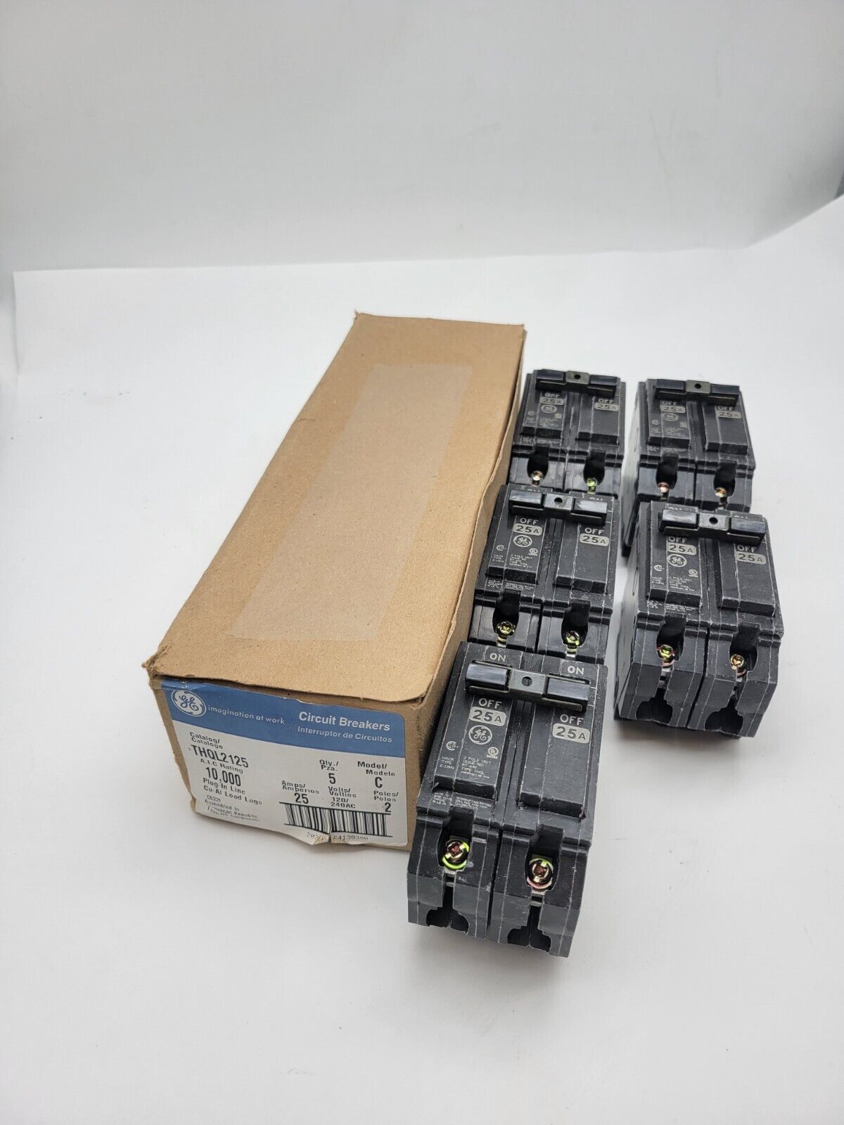 Lot of 5 GE THQL2125 Plug-In Circuit Breaker 25A 120/240V 2P 1PH THQL 25 Amp NOS