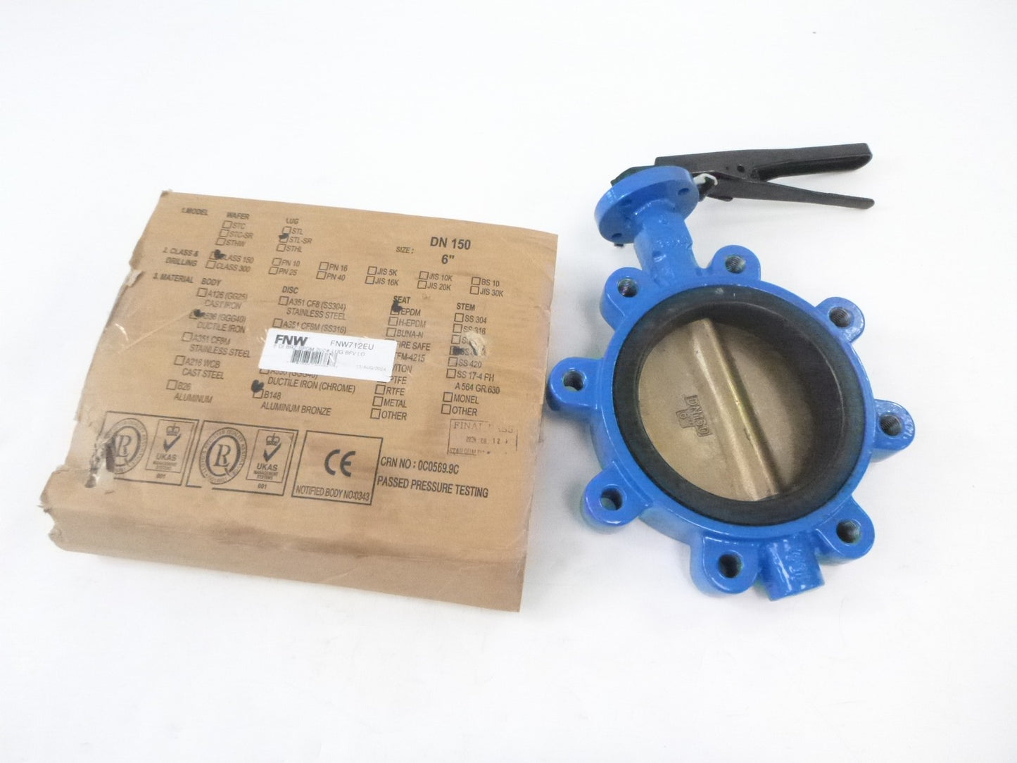 FNW FNW712EU Resilient Seated Lug-Style Butterfly Valve 6" w/Lever Handle