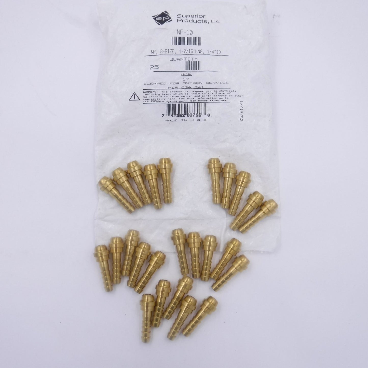 25 Pack Superior Products NP-10 1/4" ID Barbed Hose Nipples 1-7/16" Long Brass