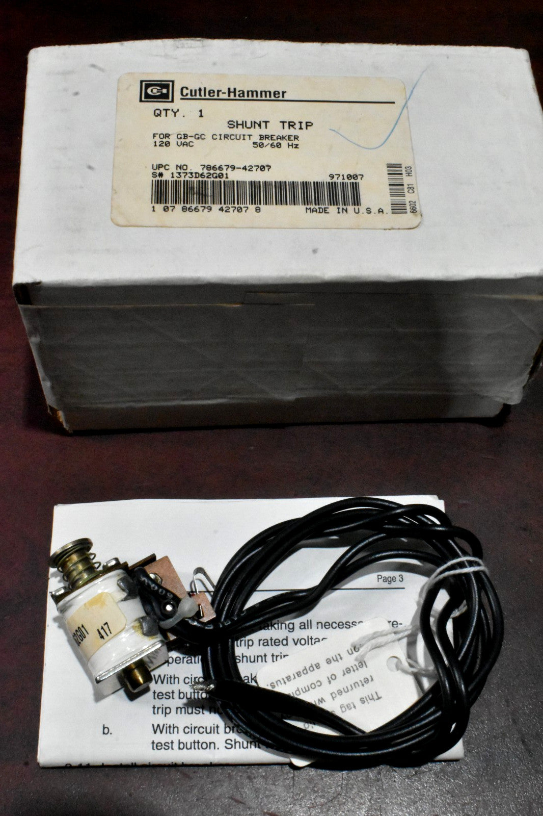 Cutler Hammer 1373D62G01 Shunt Trip for GB-GC Circuit Breaker 120VAC