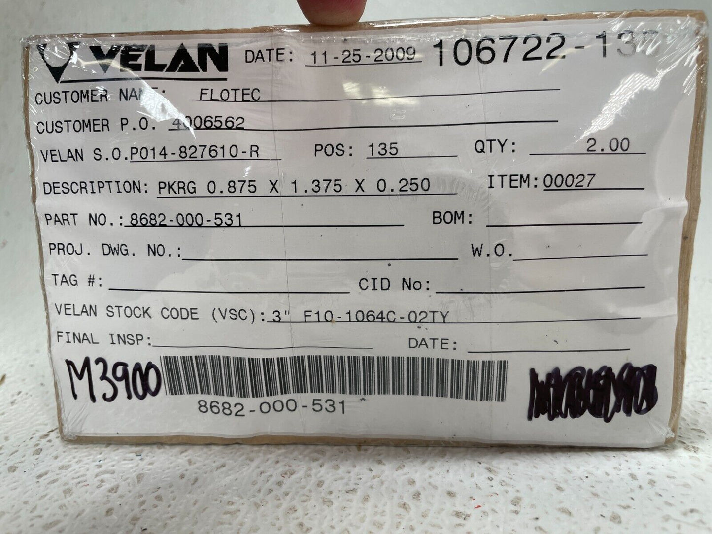 (2) VELAN 8682-000-531, PKRG 0.875 x 1.375 x 0.250, STK CODE 3" F10-1064C-02TY