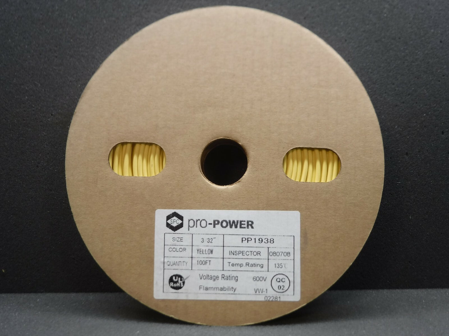 SFC, Pro-Power, PP1938,100FT, 600V, Temp Rating 135 C, Yellow Heat Shrink Tubing