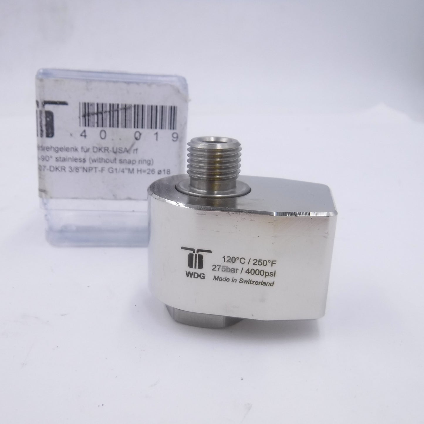 Mosmatic 40.019 SS Rotary Union 90° Swivel 3/8 NPTF x G1/4 Male 4000 PSI