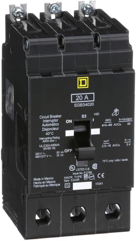 SQUARE D EGB34020 BREAKER BOLT IN 20AMP 3POLE 480Y/277VOLT AC BOLT IN NEW