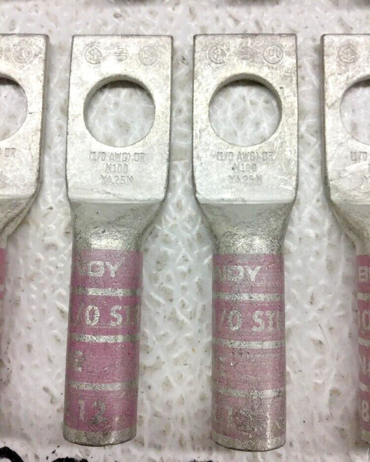 Burndy YA25N, 1/0 AWG, CU, 1-Hole, 1/2" Stud, Long Barrel, Pink Die