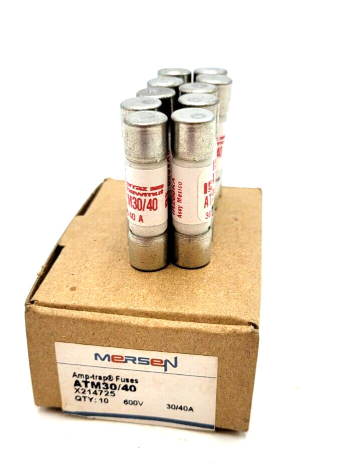 10 Piece Set Box Mersen ATM30/40 Amp-Trap Fuse 30/40 Amp 600 VAC Tube Red NOS