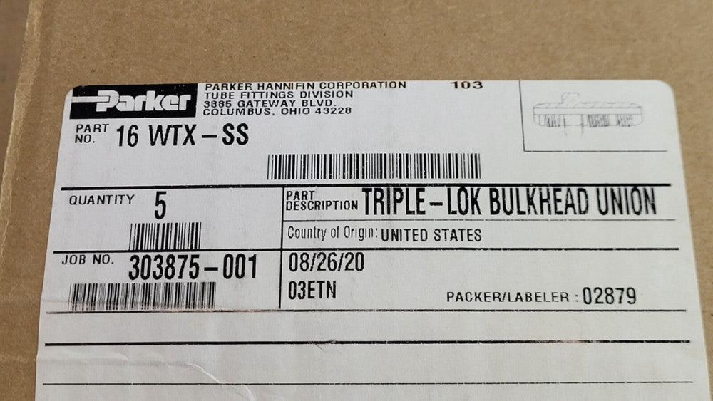 Box / 5 Parker 16 WTX-SS Stainless Steel 37° Flare JIC Bulkhead Unions 1" Tubing