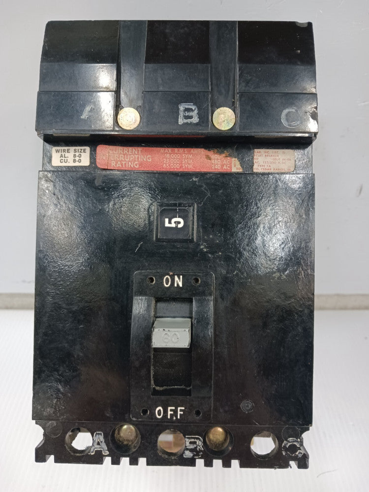 Square D 60 Amp I-Line Circuit Breaker 3 Pole 600 VAC FH36060 (Chipped)