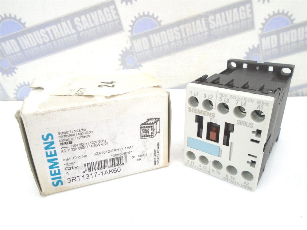 Siemens 3RT1317-1AK60 - Contactor 4NO , 110/120V - 22A - 14.5kW @400V NEW in BOX