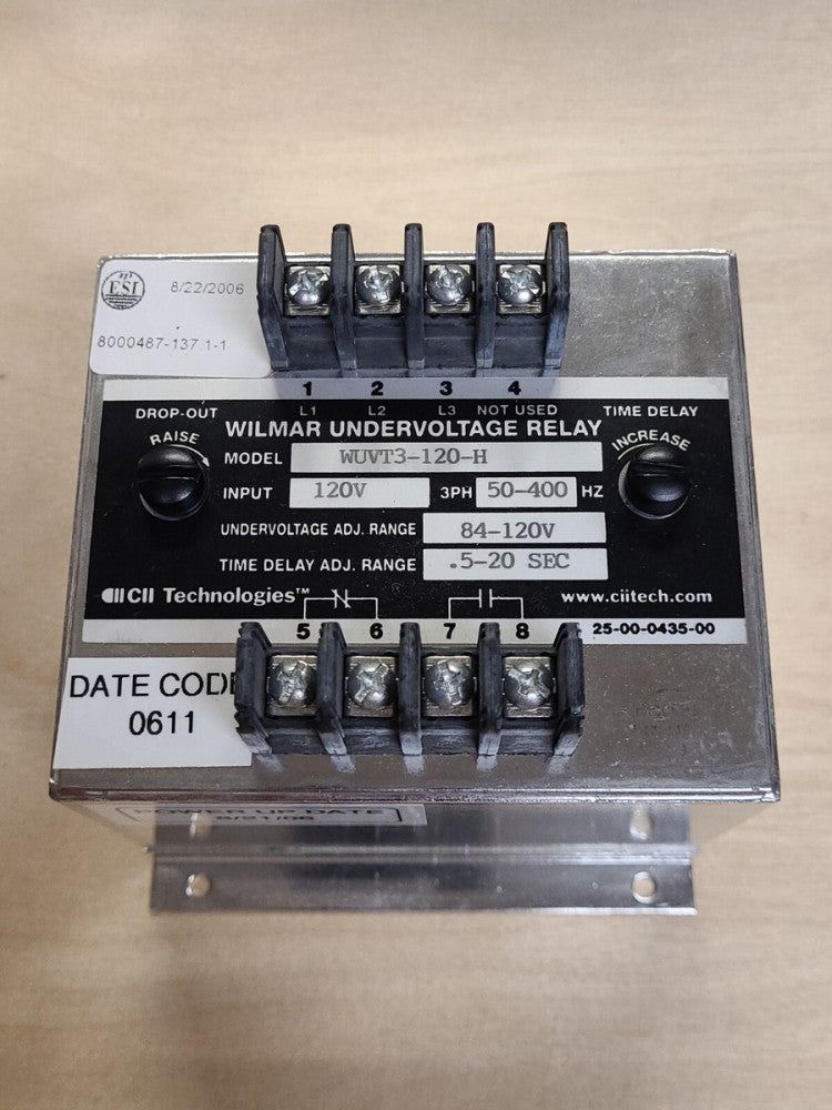 Wilmar Undervoltage Relay WUVT3-120-H 120V .5-20 Sec. Time Delay