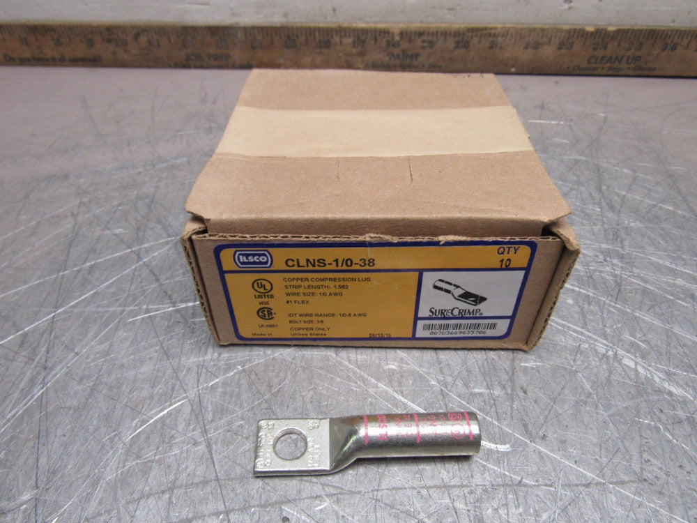 CASE OF 10QTY ILSCO CLNS-1/0-38 COPPER COMPRESSION LUGS 3/8" NEW IN BOX !!