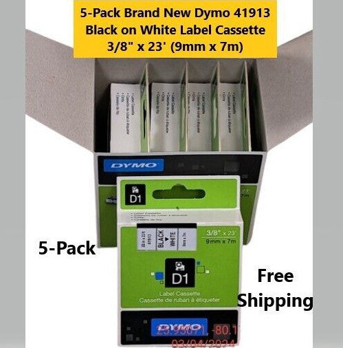 5-Pk New OEM Dymo 41913 Black on White Label Tape Cassette for Dymo  D1 Labeler