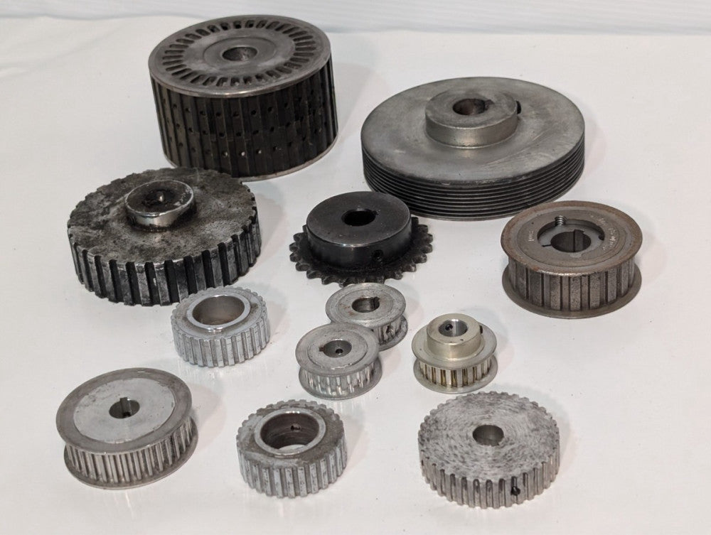 Lot of mixed pulleys, sprockets, sheaves, Bell & Howell Print Shop Mail Inserter