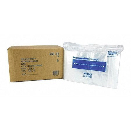 Reloc Zippit R69-Hh Reclosable Bag, Zip Seal, 9 In L, 6 In W, 2 Mil Thick,