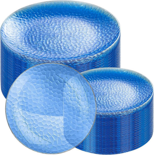 100 Pcs Blue Plastic Plates, Blue Heavy Duty plastic Plates, Clear-blue Fancy