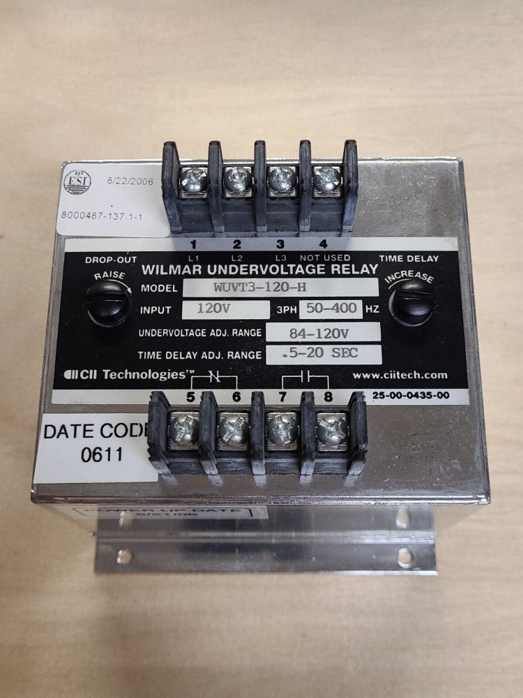 Wilmar Undervoltage Relay WUVT3-120-H 120V .5-20 Sec. Time Delay