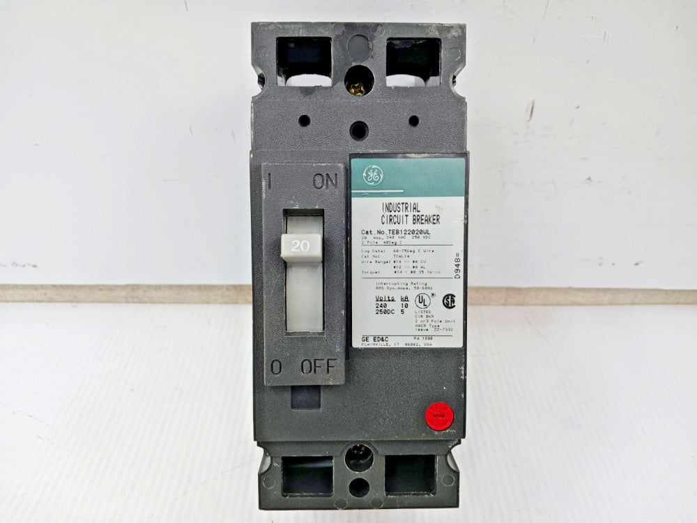 GE 20 Amp Industrial Circuit Breaker 2 Pole 240 VAC / 250 VDC 10kA TEB122020WL