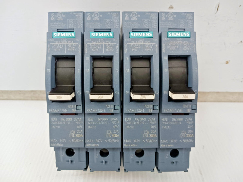Lot of 4) NTO Siemens 20 Amp Circuit Breaker 1 Pole 347 VAC 3VA4120-6ED14-0AA0