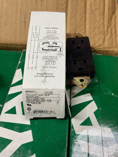 (10 PACK) Bryant 9252 Duplex Receptacle, Black - Nylon Industrial Grade 15A 125V