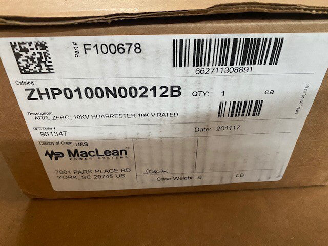 Maclean Power Systems F100678 ARR, ZFRC, 10KV HD ARRESTOR 10k V RATED (NEW)