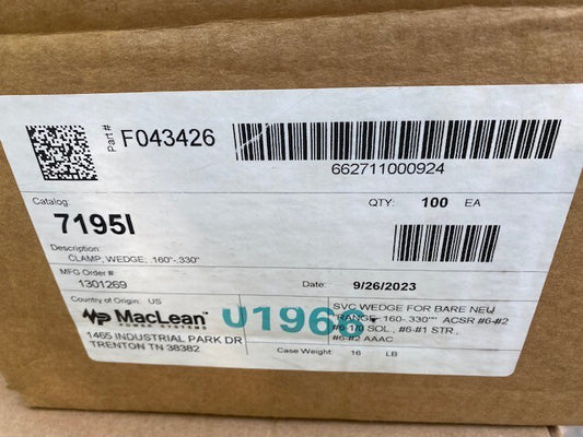 (100 PACK) MacLean Power Systems Clamp Wedge .160" - .330" 7195I (NEW)