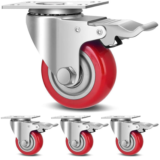 3 Inch Industrial Heavy Duty Swivel Caster Wheels with Brake,Set of 4 Red 