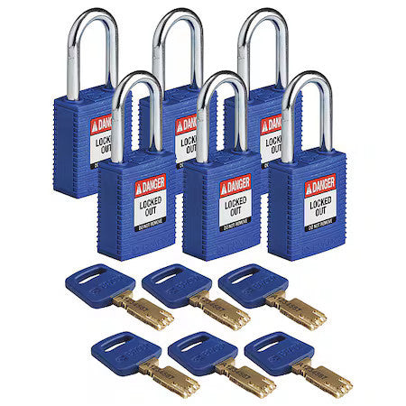 Brady Nyl-Blu-38St-Kd6pk Lockout Padlock,Nylon,Bl,1-13/16" H,Pk6