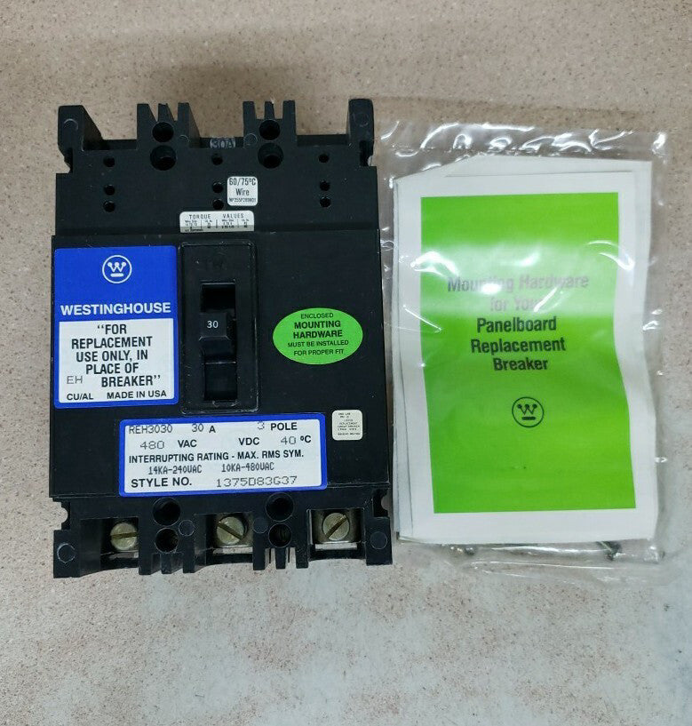 New Take Out! Westinghouse REH3030 480V 30A 3P Circuit Breaker w Mount Hardware
