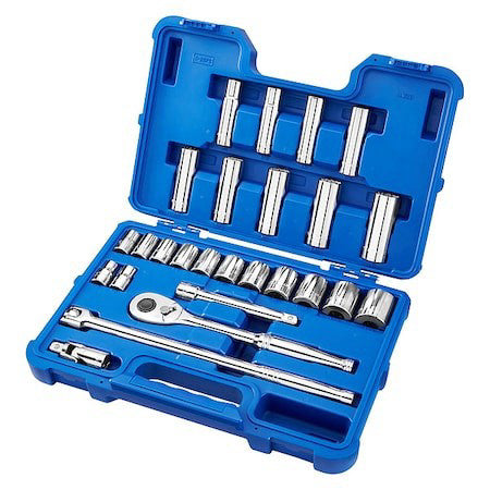 Westward 4Lwz8 1/2" Drive Socket Wrench Set Sae 26 Pieces 7/16 In To 1 1/4 In ,