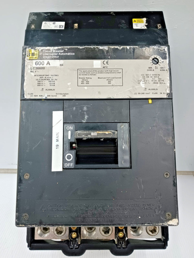Square D 600 Amp I-Line Circuit Breaker 3 Pole 600 VAC 65kA LC36600 (Flaw)